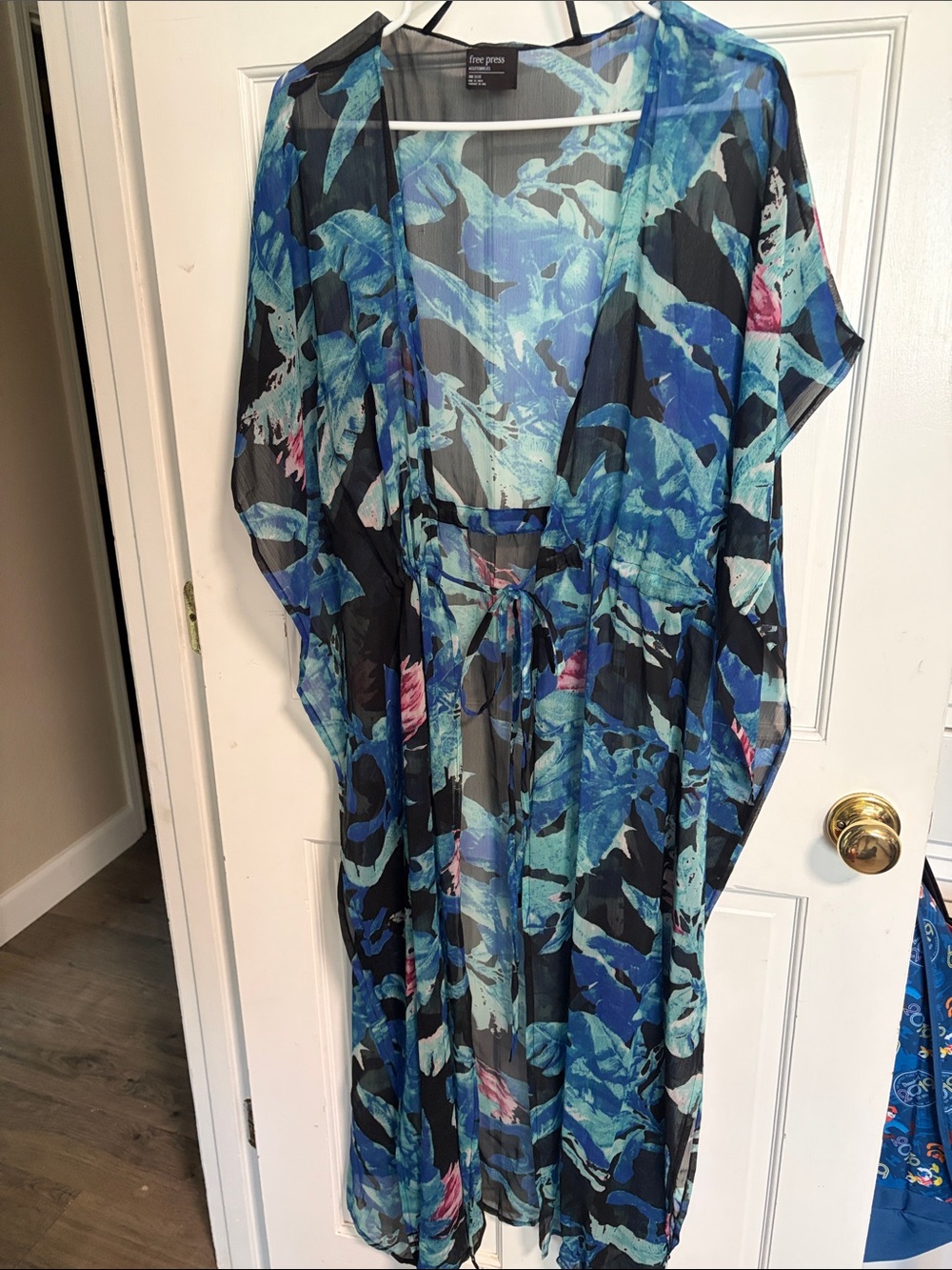 free press Blue Floral Sheer Tie-Front Maxi Cover-Up